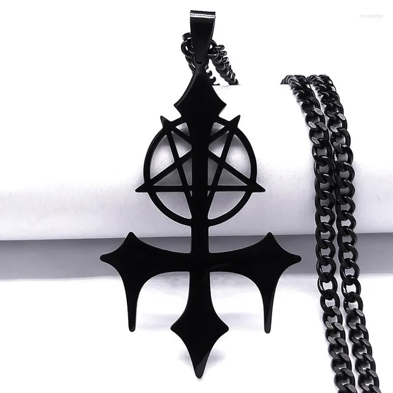 Pendant Necklaces Pentagram Sigil Church Of Satan Fork Cross Necklace Stainless Steel Satanism Symbol Jewelry Halloween Gift Joyas N3002