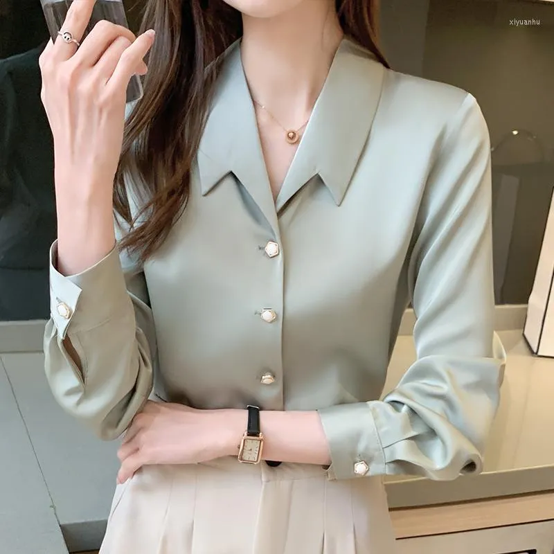 Women's Blouses Fashion White Silk Shirt Women Office Lady Long Sleeve Button Satin Oversized Casual Woman Shirts Tops 17792