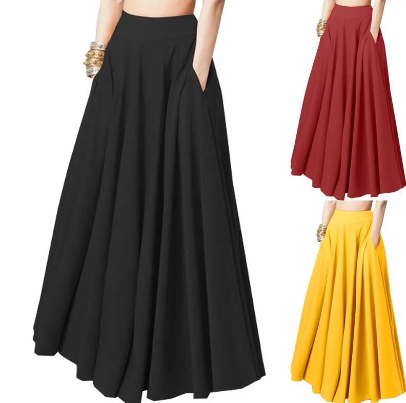 2023 Été Nouvelle-couleur solide pour femmes robe maxi longue jupe jupe plissée taille élastique mode décontractée