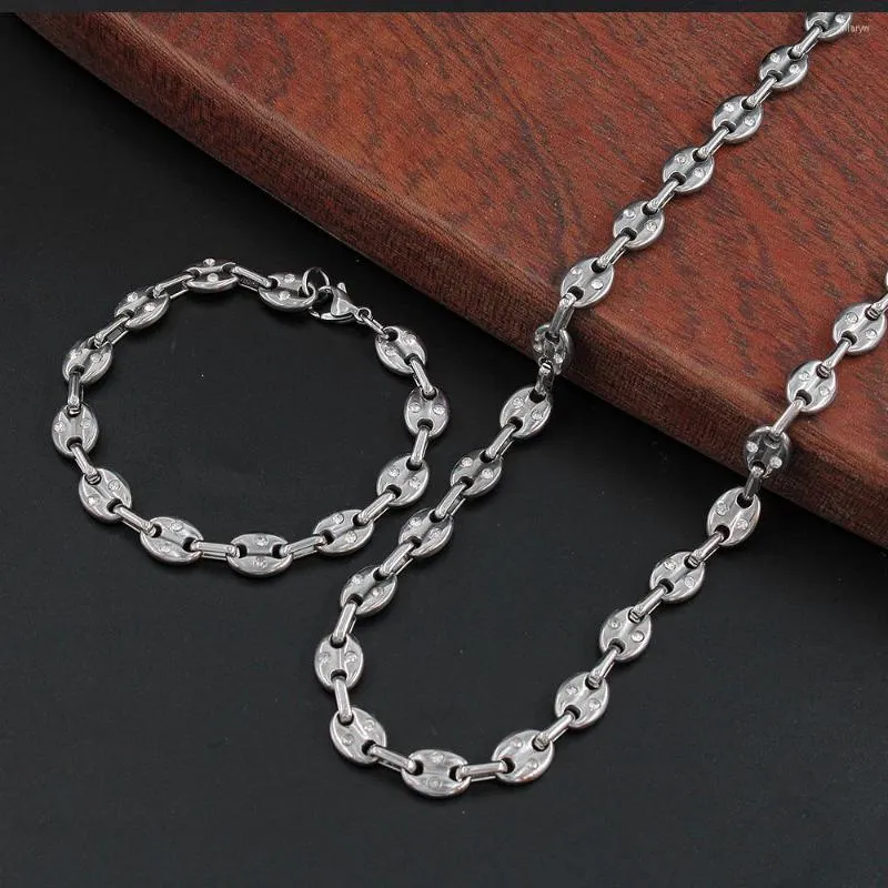 Catene Collana a catena con chicchi di caffè Uomo Donna Set di gioielli fatti a mano Zircone intarsiato in acciaio inossidabile Girocollo con ciondolo Regalo che non tramonta mai YS355