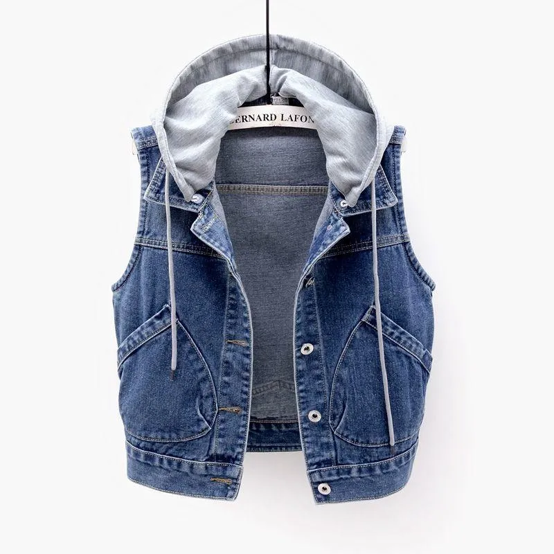 Women's Vests 2023 Denim Vest Waistcoat Women Plus Size Loose Wild Jeans Coats Woman Hooded Short Tops Jacket Female Korean Slim