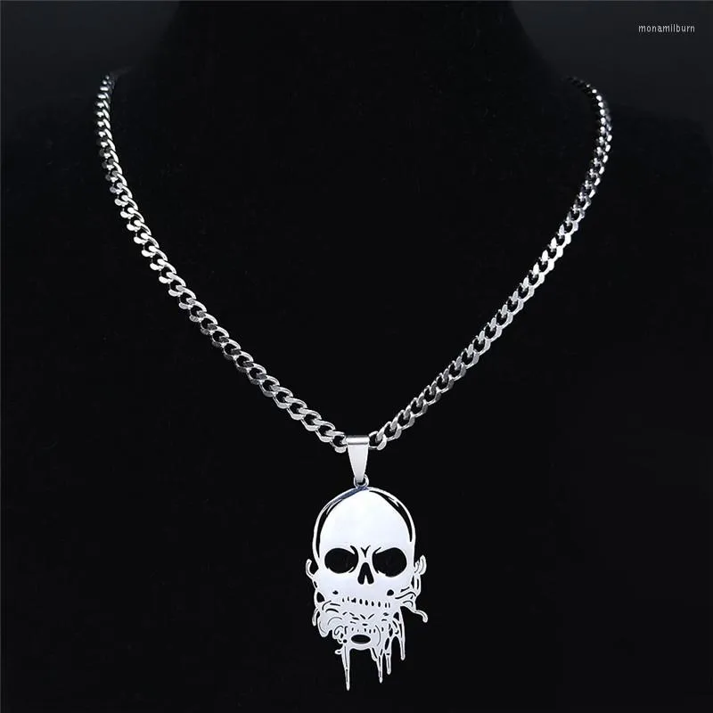 Pendant Necklaces Fashion Punk Music Skull Stainless Steel Chain Women Silver Color Statement Necklace Jewelry Cadenas Mujer N4403S07