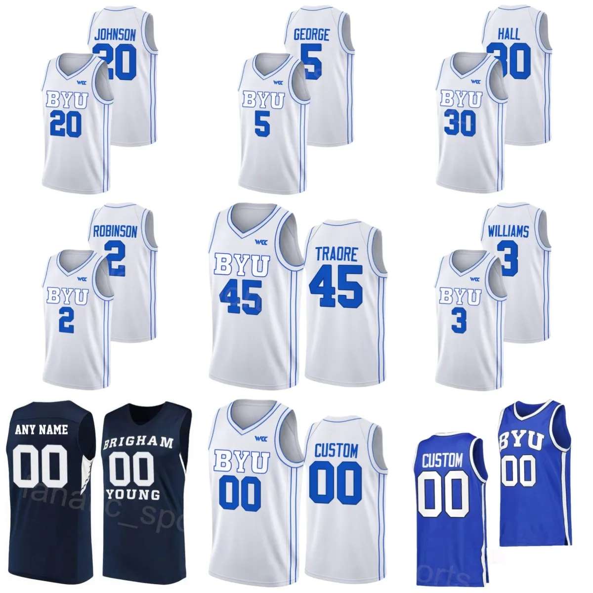 College BYU Cougars Basketball 3 Rudi Williams Jersey 20 Spencer Johnson 5 Gideon George 2 Jaxson Robinson 30 Dallin Hall Fousseyni Traore University Sewing NCAA