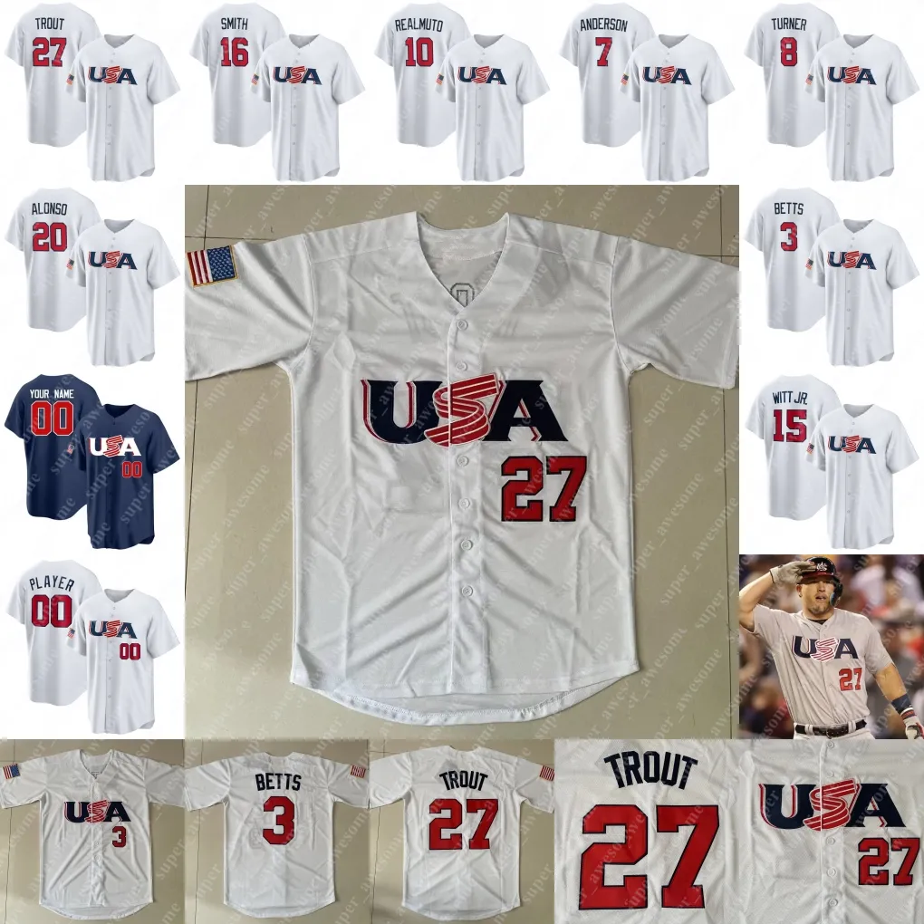 Team USA 야구 저지 Mike Trout Trea Turner J. T. Realmuto Nolan Arenado Mookie Betts Tim Anderson Will Smith Lance Lynn Kyle Schwarber Bobby Witt Jr. Jeff McNeil