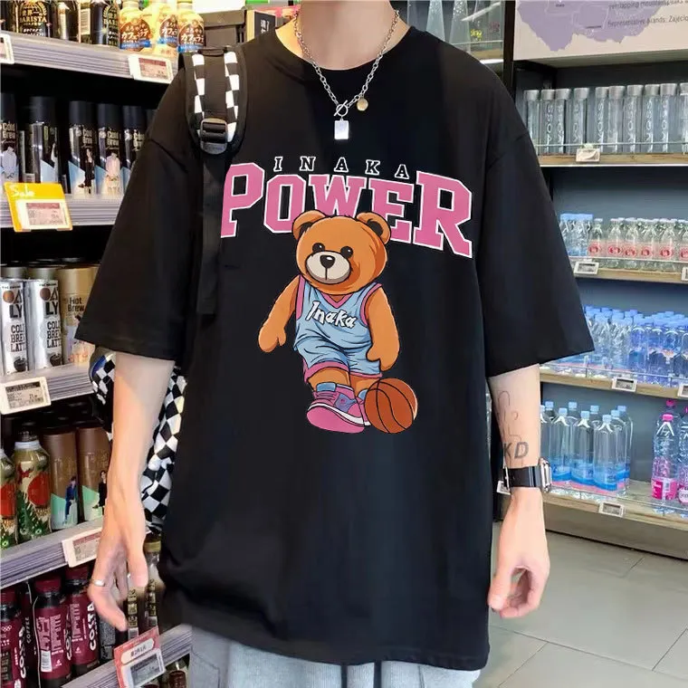 Erkek tişörtler inaka güç tshirt komik pembe basketbol ayı desen baskı tişört yaz erkek kadın premium saf pamuk tees büyük boy tişörtler 230323