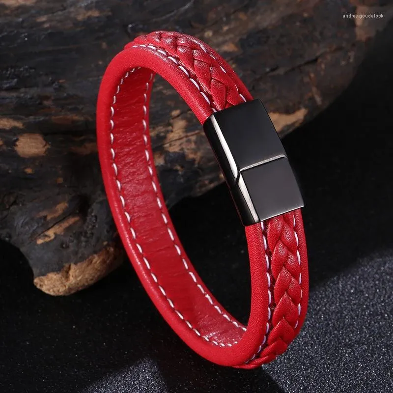 Charmarmband Punk Men smycken Röd flätat läderarmband Metall Magnet Buckle Mane Wrist Band FR1281