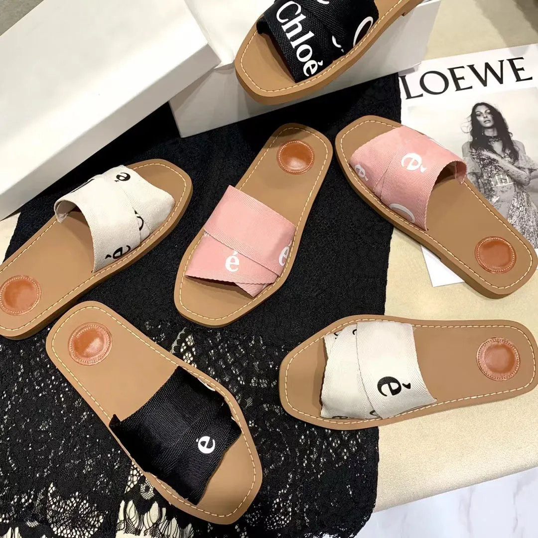 pantoufle sandaler Bomullstyg Tofflor Beach Flip Flops sulor high fashion strand platt berömd designer kvinnor Benvit vit trasa brun svart blå rosa