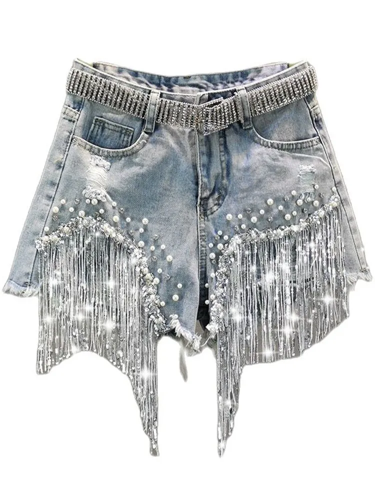 Kvinnor Jeans Summer Elegant Shorts Lady Tassel Beading High midjebrett ben Denim Kvinnlig solid för kvinnor kläder 230322