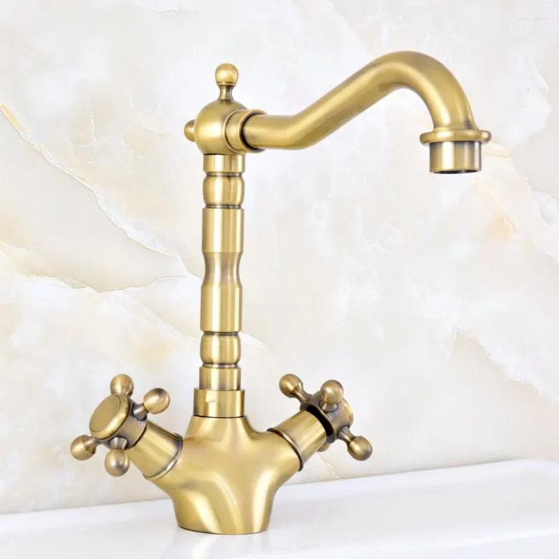 Bathroom Sink Faucets Antique Bronze Brass Kitchen Faucet Swivel Basin Deck Mounted Double Handles Mixer Tap Lsf126