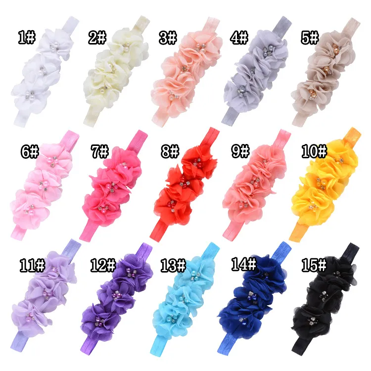 Baby Headbands Elastic Ribbon Pearl Chiffon Flower Head Band Infant Headwear Fashion Head Hair Accessories Multi Colors Mixed