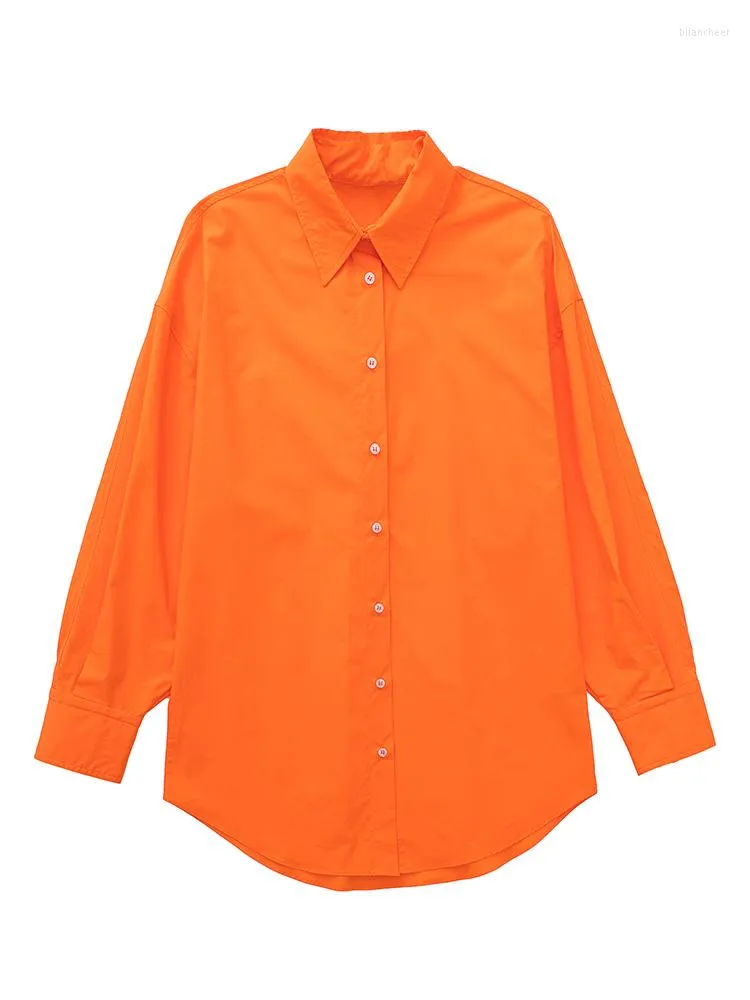 Camisas de blusas femininas para mulheres 2023 Moda Turn Down Down Compolar Camisa de algodão laranja de algodão comprido Botão de primavera superior
