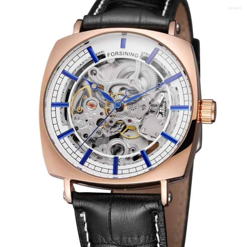 Relojes de pulsera FORSINING Moda Casual Caja cuadrilátera de oro rosa para hombres Manecillas azules Esfera blanca Correa de cuero negra Mecánico automático