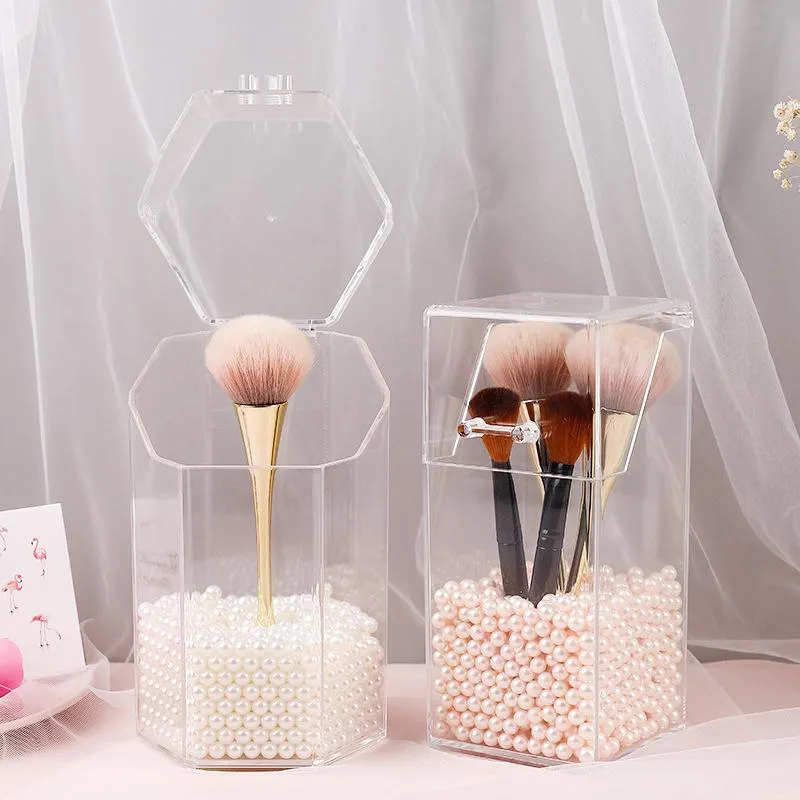 Boîtes de rangement Transparent acrylique cosmétique maquillage porte-brosse support organisateur boîte seau avec couvercle pour femmes bacs