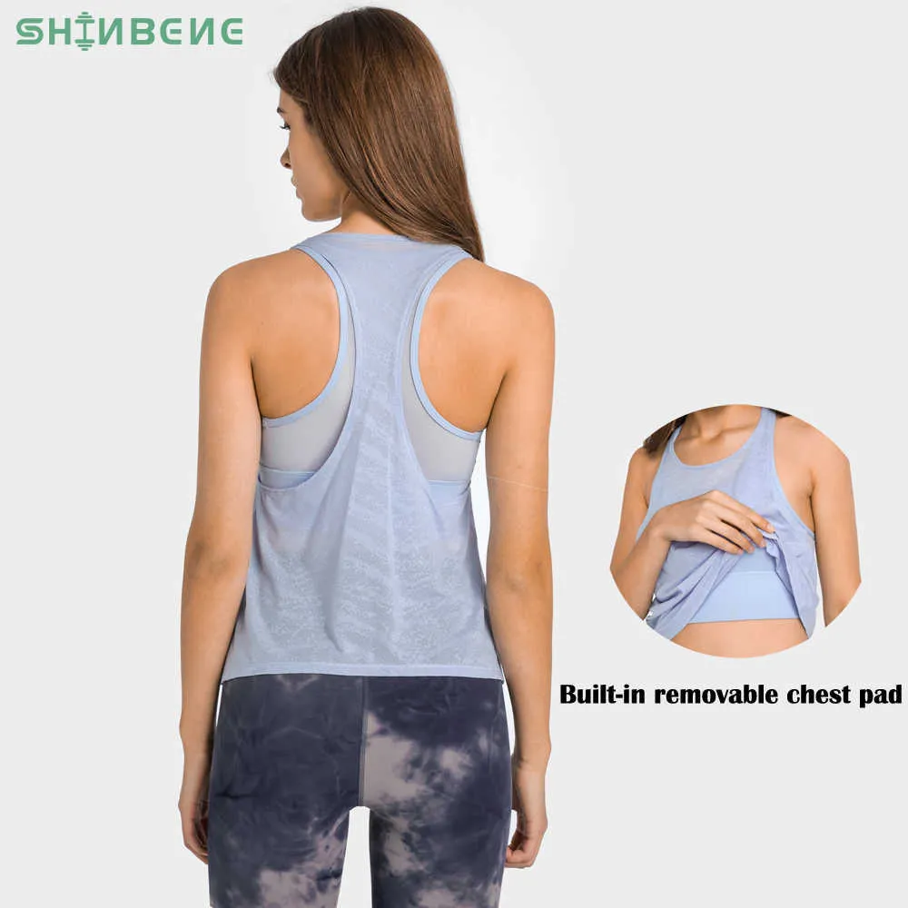 Camisoles Tanki Shinbene 2in1 Ocean Jacquard Sport TouRout Tops Women Summer Lightweight Running Trenout V Sleeveless WI Build in Bra Z0322