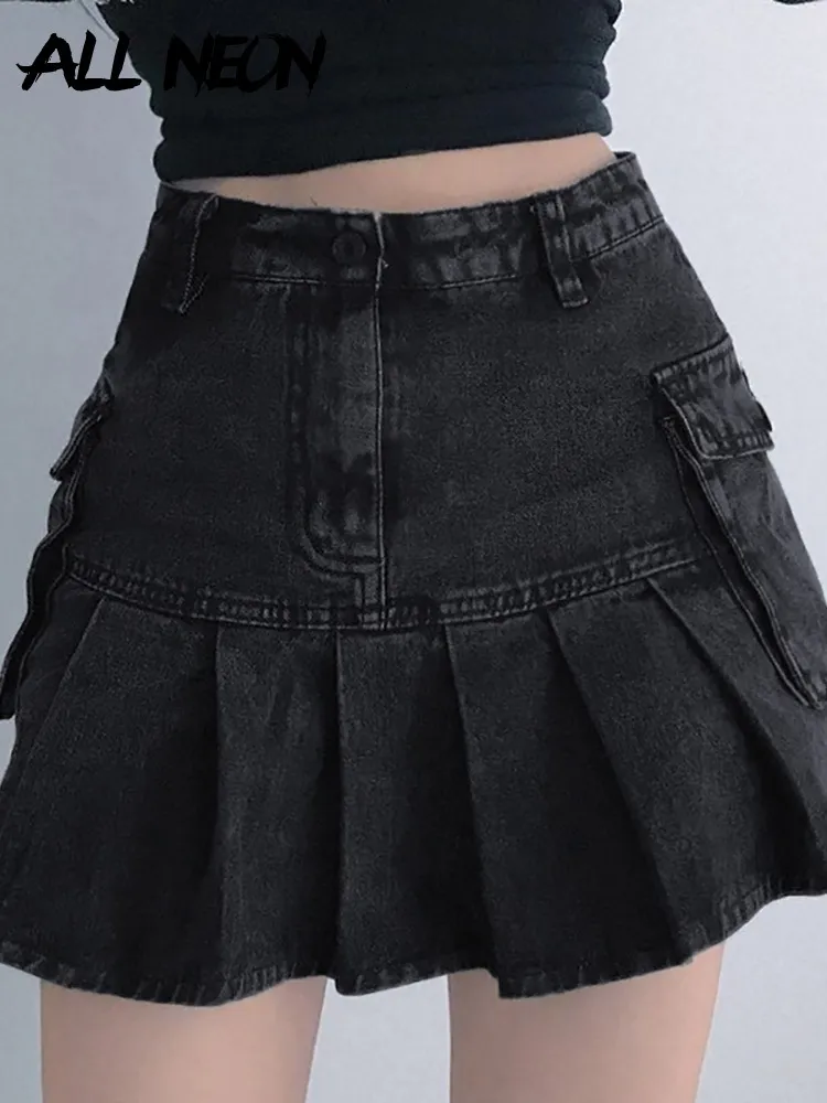 Kjolar Allneon Mall Goth Y2K High midja Jean E Girl Eesthetics Black Denim Pleated With Big Pockets Grunge Punk Outfits 230323