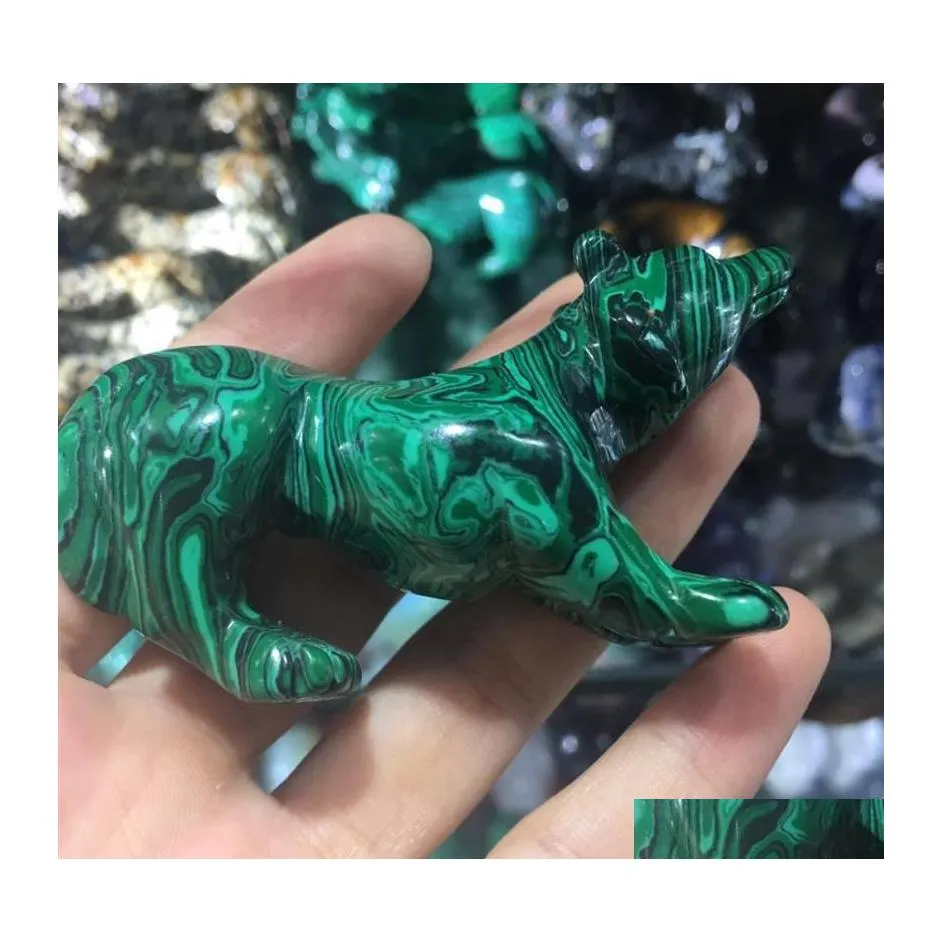 Annan konst och hantverk Naturlig malakit kvarts kristall ädelsten Wolf Reiki Healing Hand snidade djur för heminredning327R Drop D Dhdwa