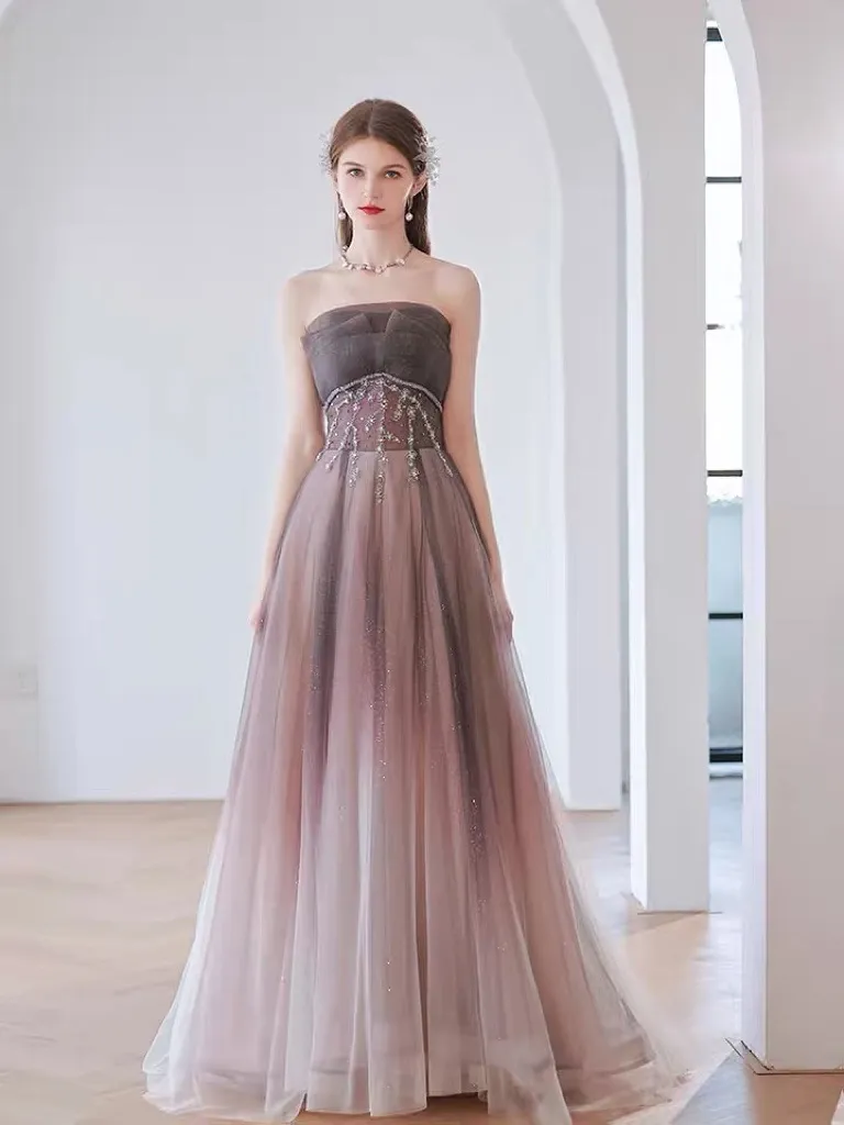 Gray Pink Prom Dress Strapless Beading A Line Tulle Lace Up Backless Strapless Sleeveless Sequined Formal Party Celebrity Evening Gowns 2023
