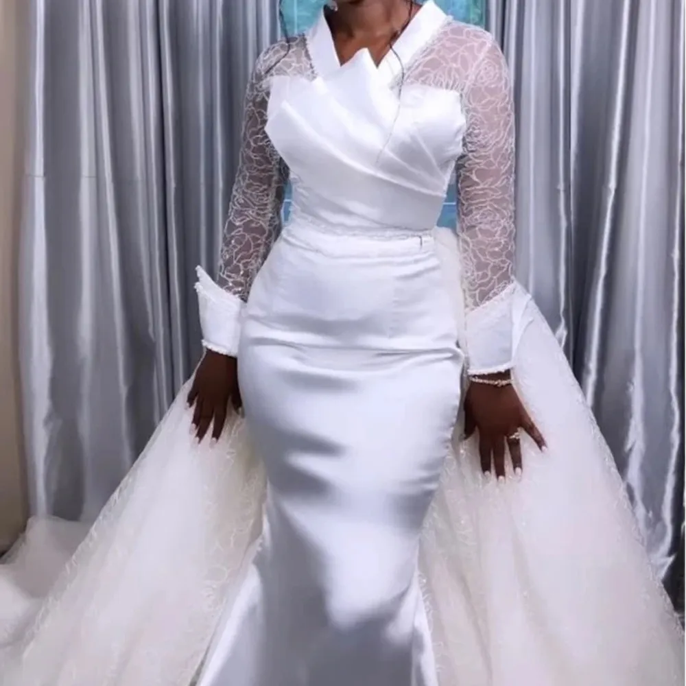 Branco mangas compridas dois em um vestidos de casamento sereia renda superior vestido de noiva ver através da manga robe de soiree para noiva 326 326