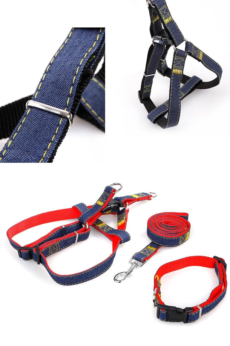 3 -stcs/lot Pet Dog -riemen Sets met harnassen Delen Denim Zware Dienst stoffen Riem Puppy Cat Dog -riemen voor Outdoor Walking DHL