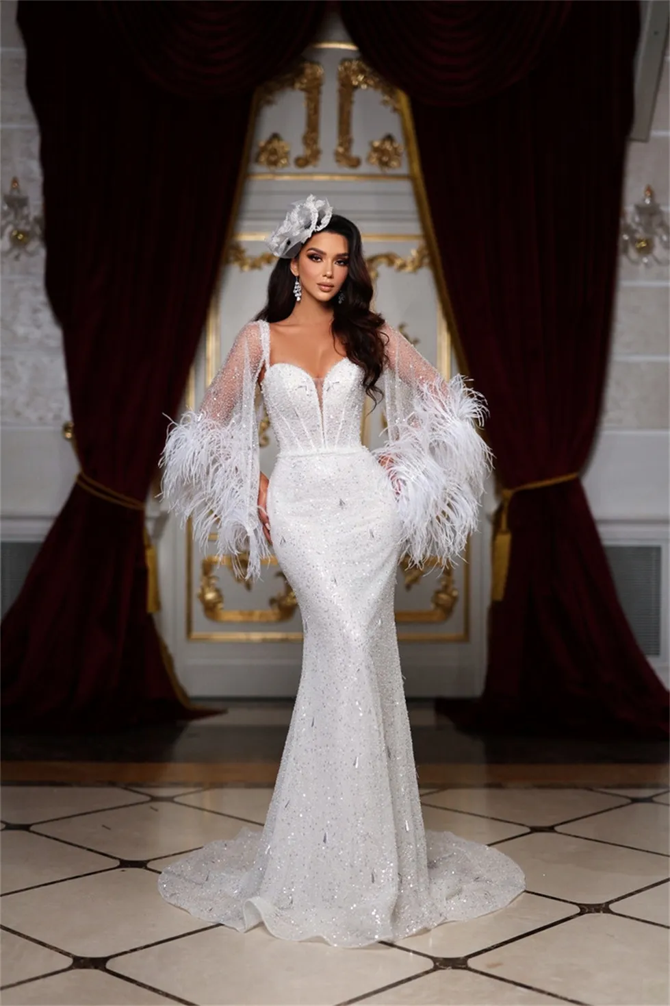 Gorgeous Mermaid Wedding Dresses Sweetheart Sequined Sleeves with Feathers Backless Lace Up Court Gown Custom Made Plus Size Bridal Gown Vestidos De Novia