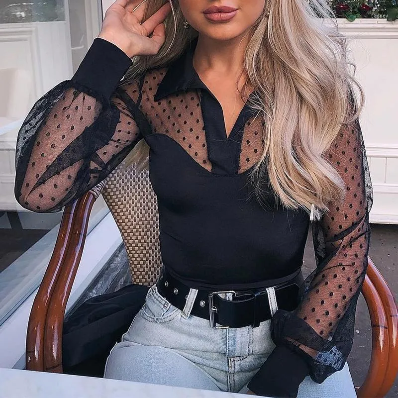 Damesblouses 2023 vrouwen elegante mode zwart patchwork normaal shirt vrouwelijk top casual korte stip pure mesh juk blouse