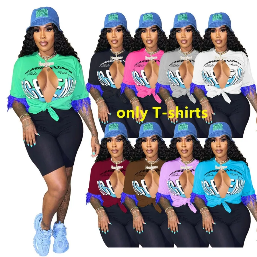 T-Shirt Femme Designer sexy Mid slipt graphique t-shirts femmes Crop tops en dentelle avec des glands tenues d'été pour les femmes en vrac en gros pour les entreprises 9553