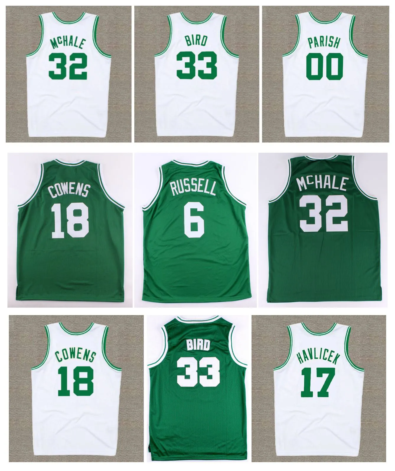 Throwback BILL 6 RUSSELL Celtices Custom Basketball Jerseys DAVE 18 COWENS JOHN 17 HAVLICEK KEVIN McHALE LARRY 33 BIRD ROBERT 00 PARISH Len Bias Green White Size S-3XL