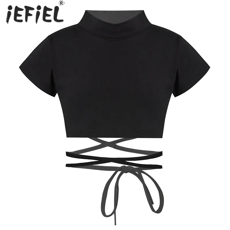 Tshirts Kids Girls Cotton Round Neck Tank Tops Short Sleeve Jazz Dance Hip Hop Performance Costume Sport Crop Top Sash Tie Cross Waist 230323