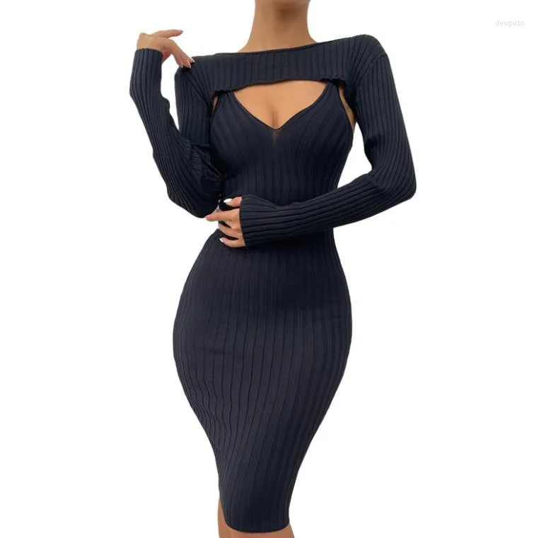 Casual Dresses Women Close-fitting Two-piece Clothes Set Black Solid Color Long Dress And Crop Tops S/ M/ LCasual