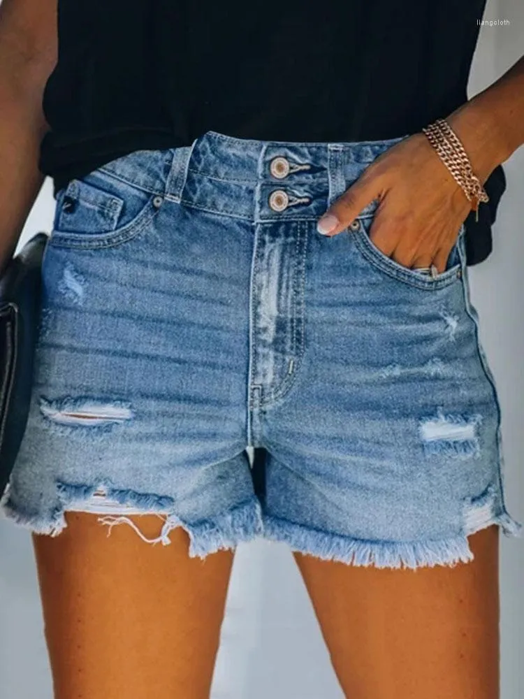 Frauen Shorts Szkzk Sexy Ripped Burrs Denim mit Quastentaschen Frauen Hohe Taille Nachtclub Tragen Schwarz Grau Blau Skinny Jean