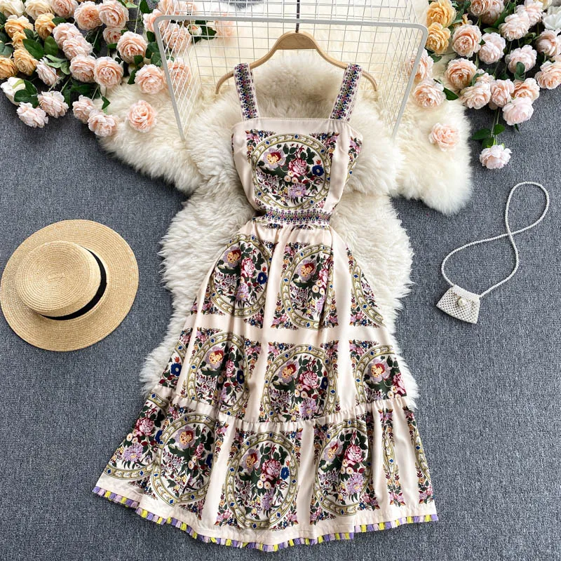 Court Style Dress Summer New Vintage Print Temperament Square Neck Slim Fit Mid Length Strap Dress