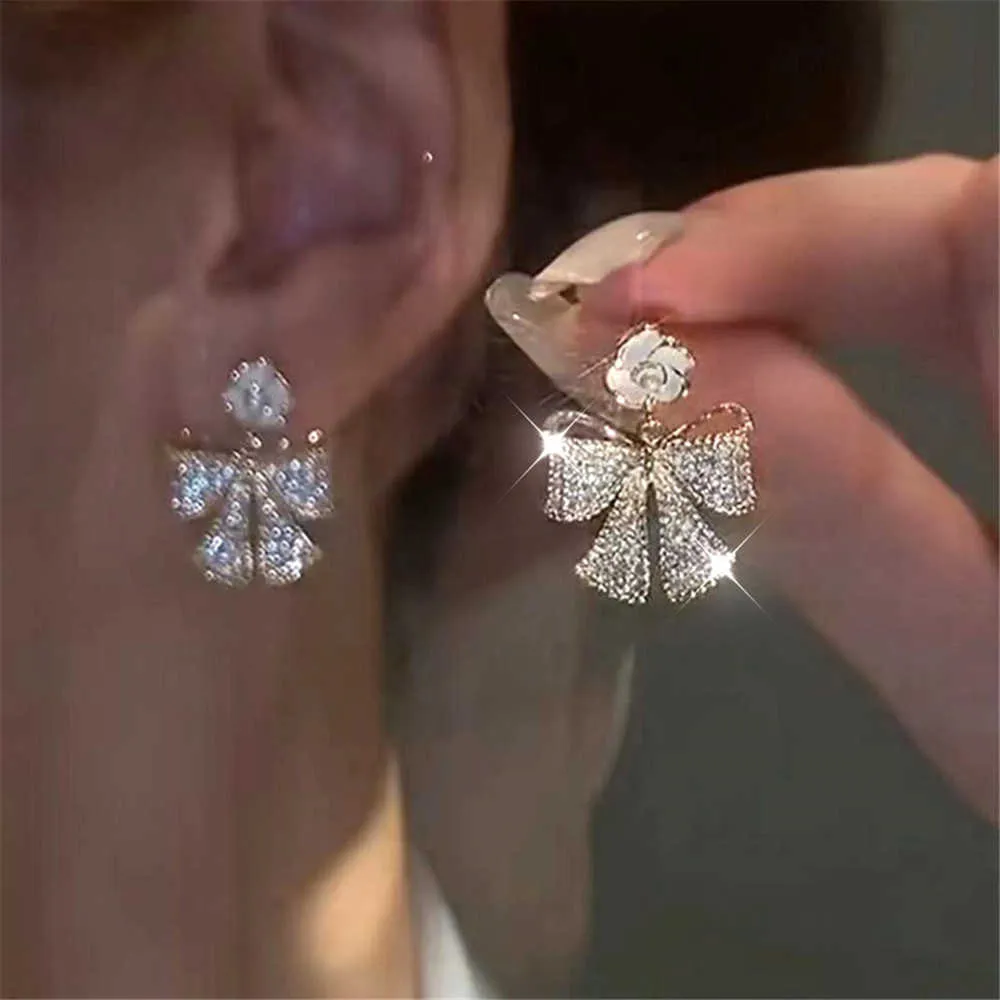 Charm Exquisite 925 Silver Needle Bow Knot Flower Stud Earrings French Light Luxury Design Fashion Earrings Exquisite Zircon Earrings G230320