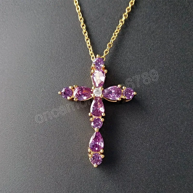 Fashion Female Zircon Pendants Imitation Amethyst Crystal Jesus Cross Necklaces for Women Jewelry Gift