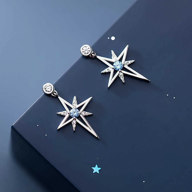 Charm Real 925 Sterling Silver Fashion Charm Star Blue Cz Серьги для женщин для женщин свадебная вечеринка