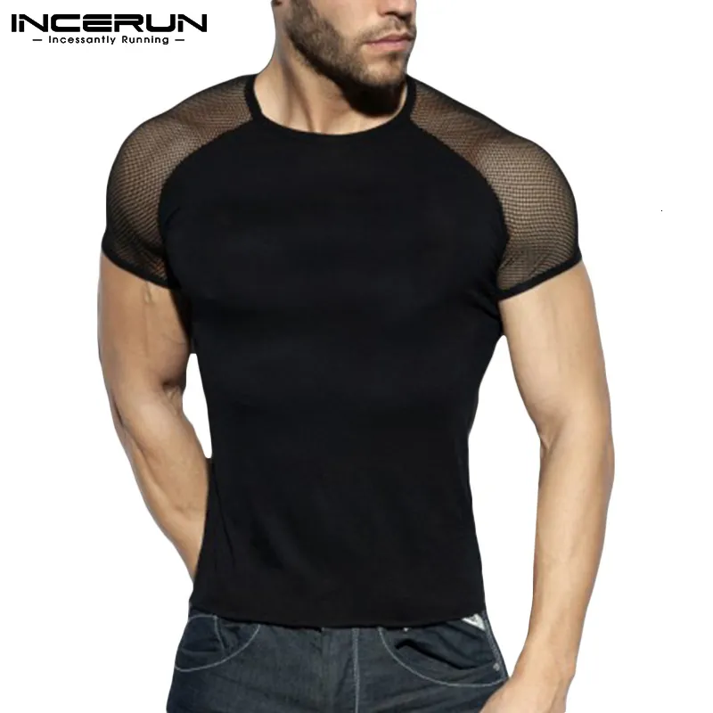 Herren T-Shirts Mode Männer T-Shirt Mesh Patchwork Streetwear Rundhals Kurzarm Casual Tee Tops Sexy Atmungsaktive Camisetas 5XL INCERUN 230323