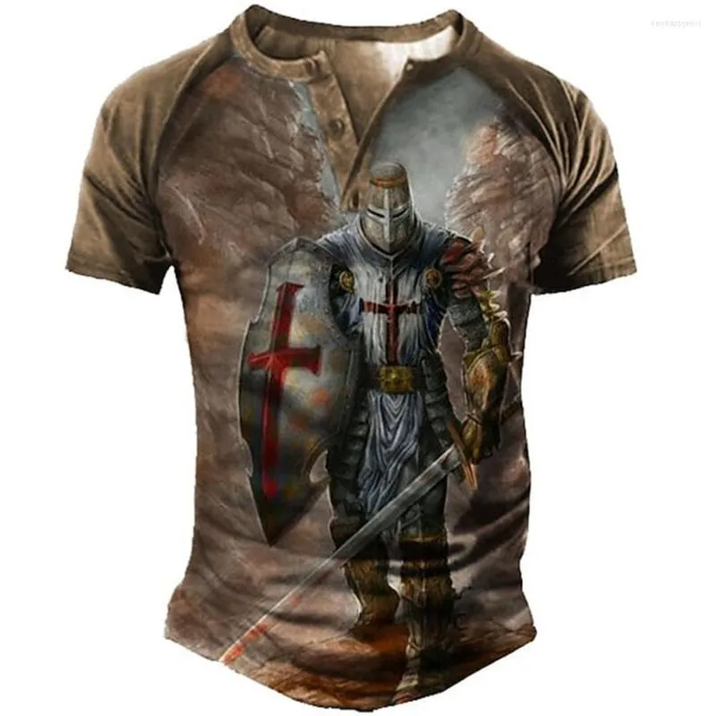 Heren t shirts vintage katoenen shirt voor heren voor mannen 3d geprinte tempelier Knight Henley Gothic V-hals korte mouw oversized punk streetwear