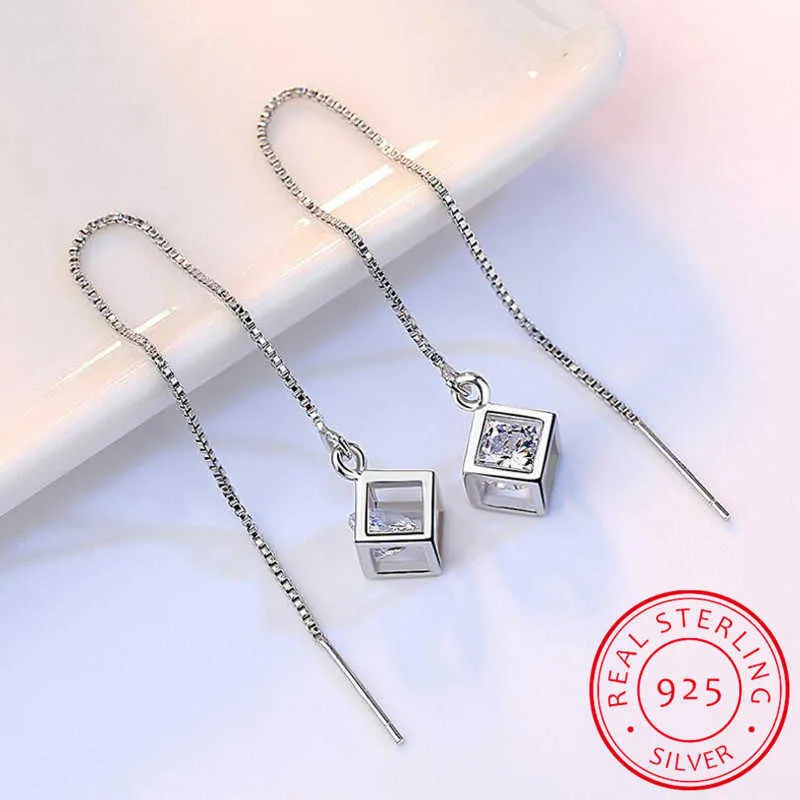 Charme élégante mode 925 Sterling Cube Love Window Zirconia Sugar Drop Boucles d'oreilles Chaîne de boucles d'oreilles à glands longs SE238 Z0323