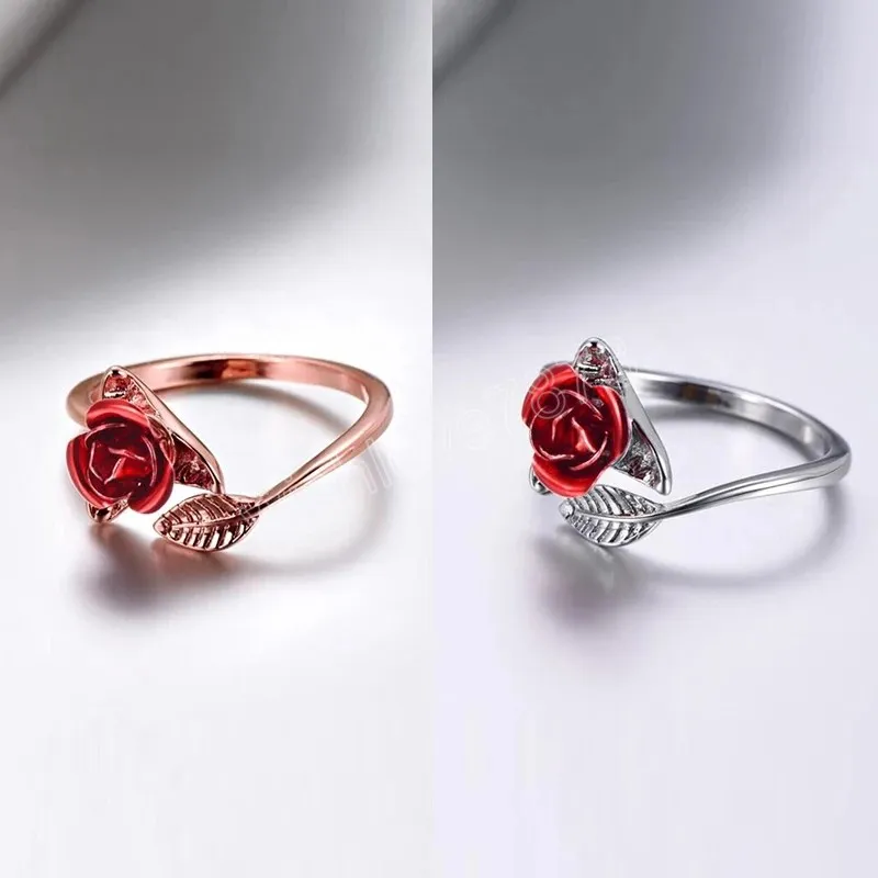 Kvinnor Öppna ringar Red Rose Flower Leaves Rings Ladies Justerbara fingerringar Mors dag Alla hjärtans dag Party SMEECHNIY GENTER