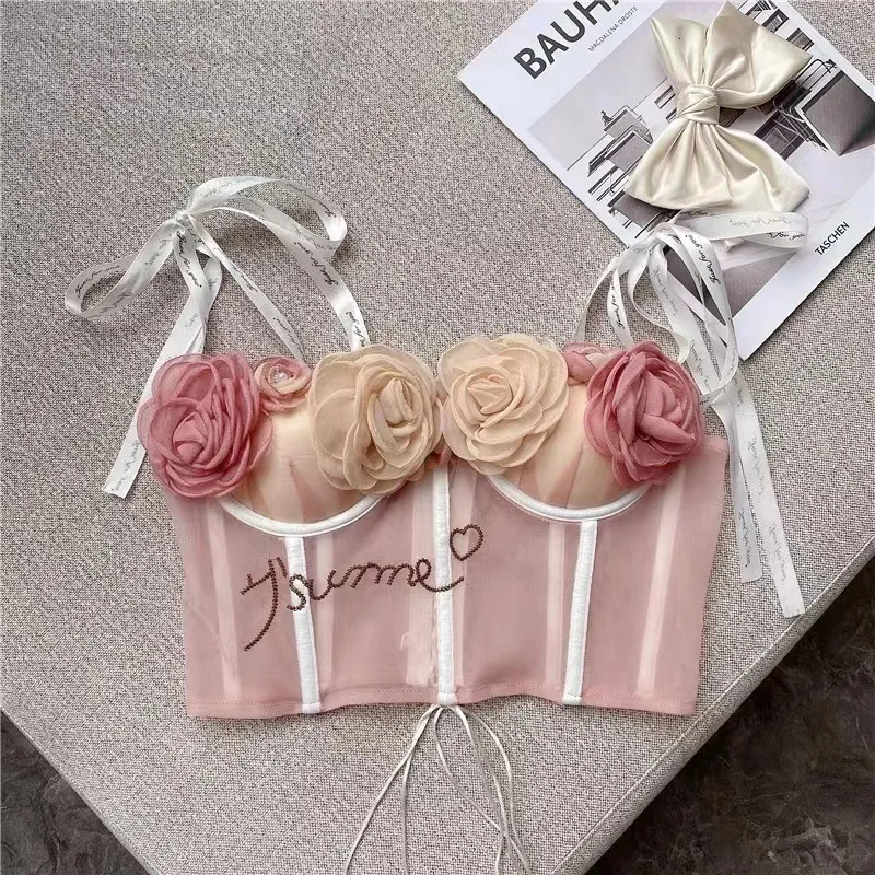 Kadın Tankları Camis Corset Tatlı Çiçek Aksesuarları Dikiş Yelek Bayanlar İnce Fit Renk Blok Kayışları Slings Slings Sleecsess Kırpılmış Üst Kadınlar 230322