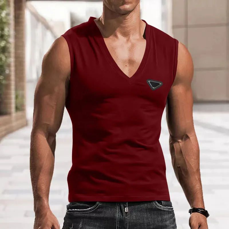 Stretch top solide tanktop met V-hals voor heren, casual, ademend, mouwloos T-shirt tanktop kant achter, rood, S