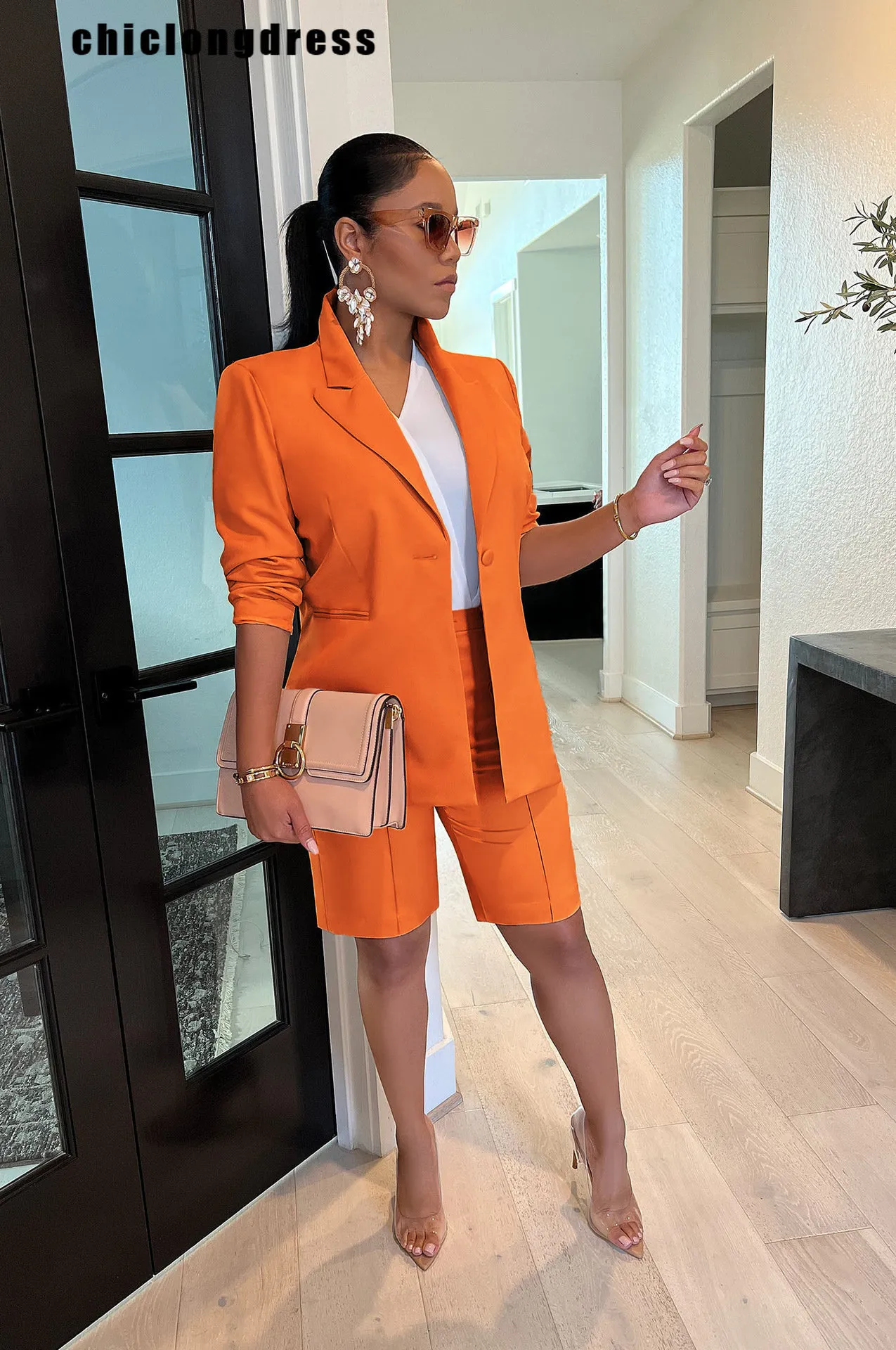 Women's Two Piece Pants Autumn Fashion Elegant Set Office Ladies Solid Slim Blazer Shorts for 230322