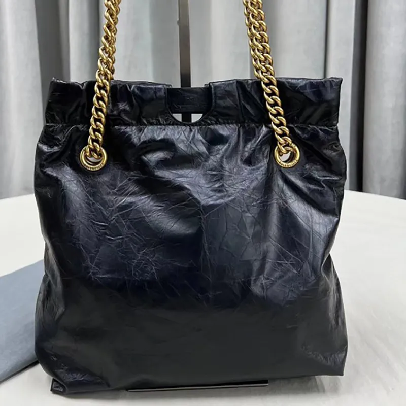 2023 Crush small tote bag black leather aged-gold hardware women's shoulder bags crossbody chain strap drawstring closure handbag totes purse