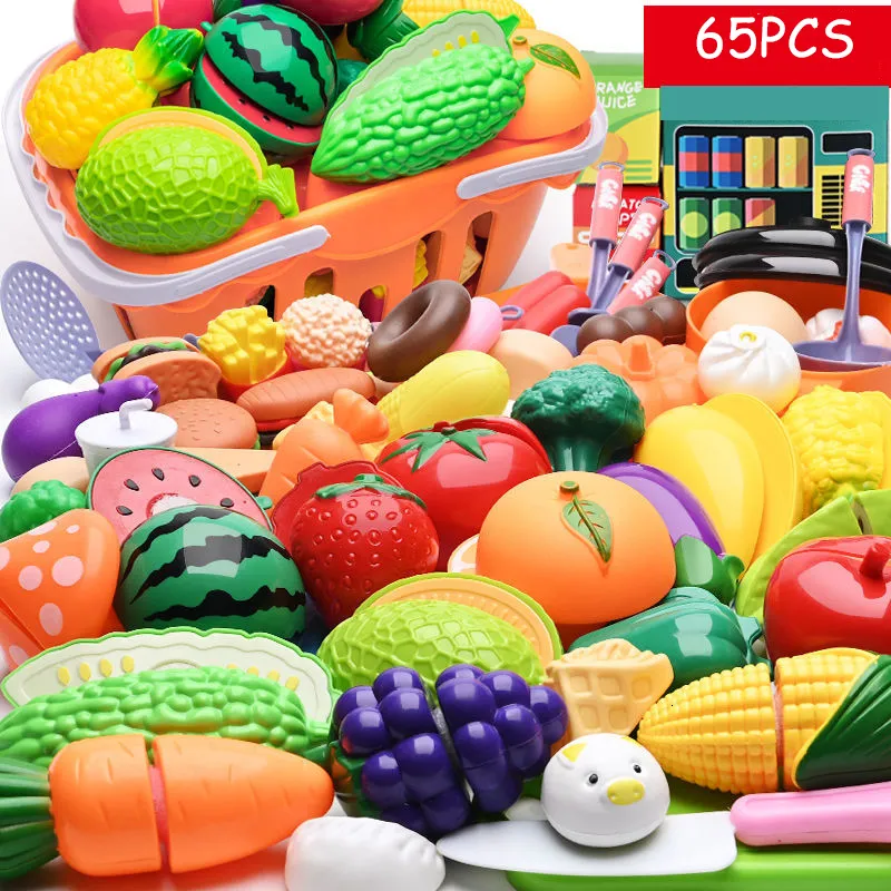 インテリジェンスおもちゃ74PCSプラスチックキッチンおもちゃのショッピングカートセットカットフルーツと野菜の食品プレイハウスシミュレーションおもちゃ初期教育ガールギフト230323