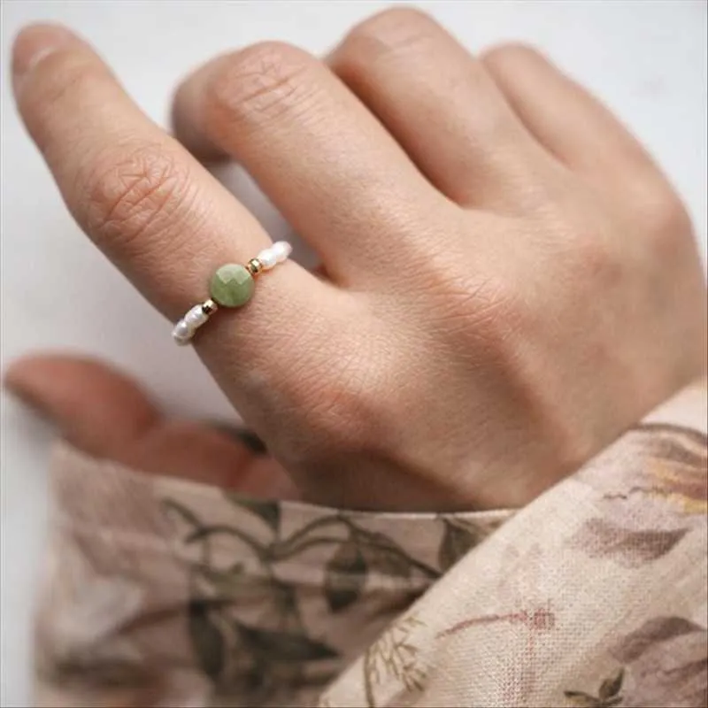 Klusterringar boho stil sötvatten pärla ring set grön natursten taiwan jade rostfritt stål pärla för kvinnor flickor födelsedag presentcluster