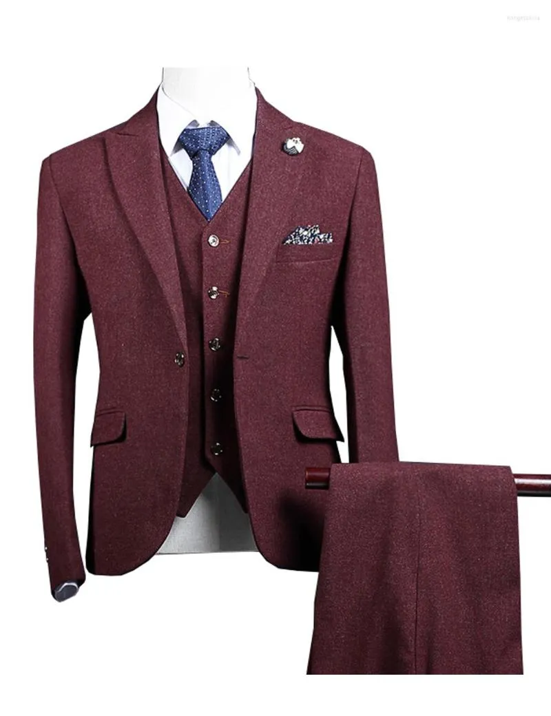 Men's Suits Men Suit Tweed Wool (coat Pants Vest) 3 Pieces Slim Fit Wedding Burgundy Wear Formal Elegant Costume Size S-5XL