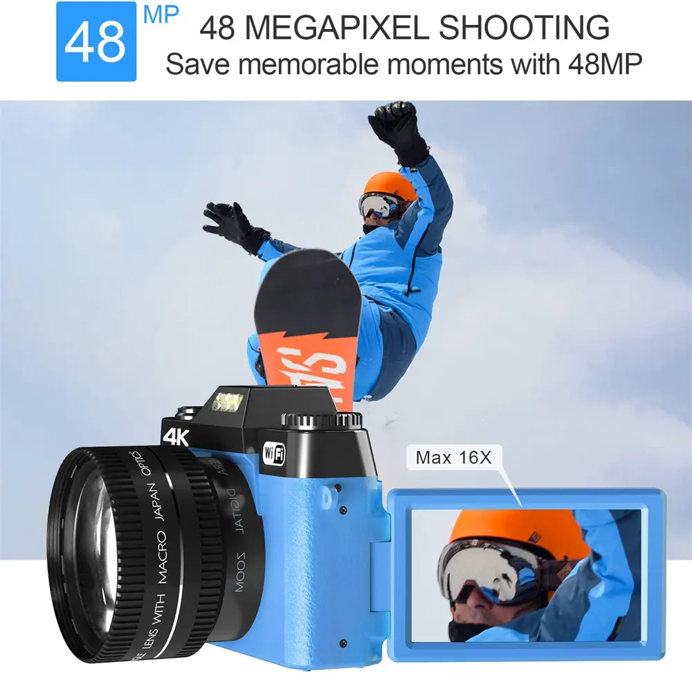 Digital Cameras Ro Lens 4K Camera Flip Screen Selfie Camcorder 48Mp Vlog WIFI Webcam Vintage Video Recorder 16X Wide Angle 7462