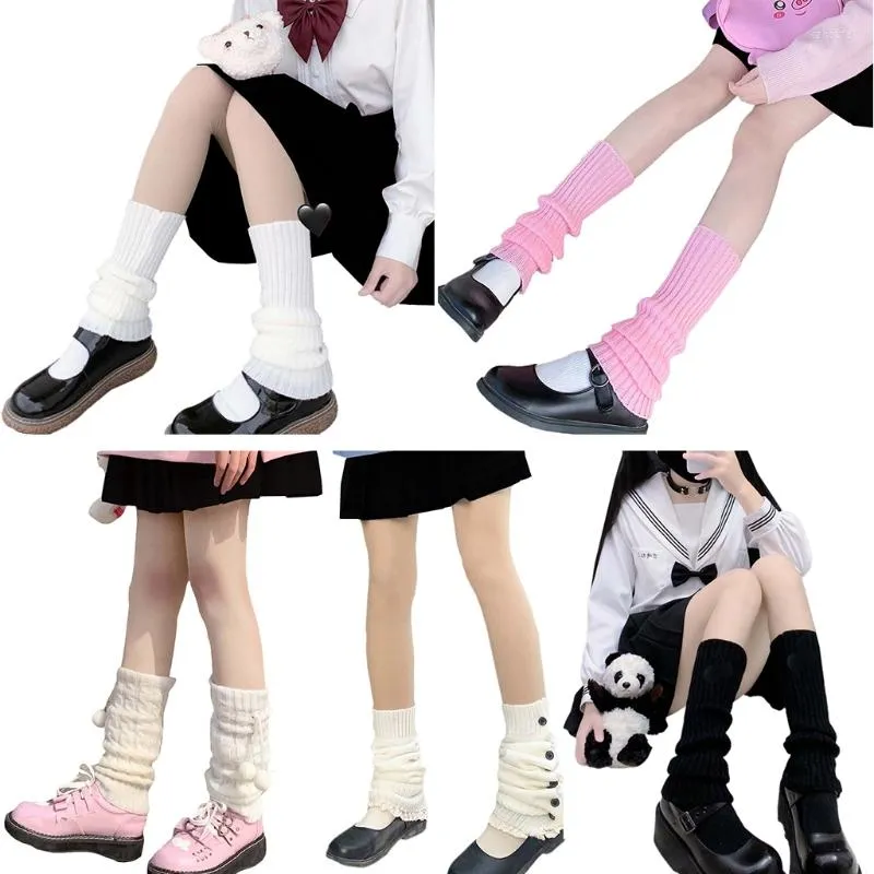 Meias femininas malha de malha de crochê doce menina de cor sólida malha térmica Manga de inverno joelho alto bota d5qb