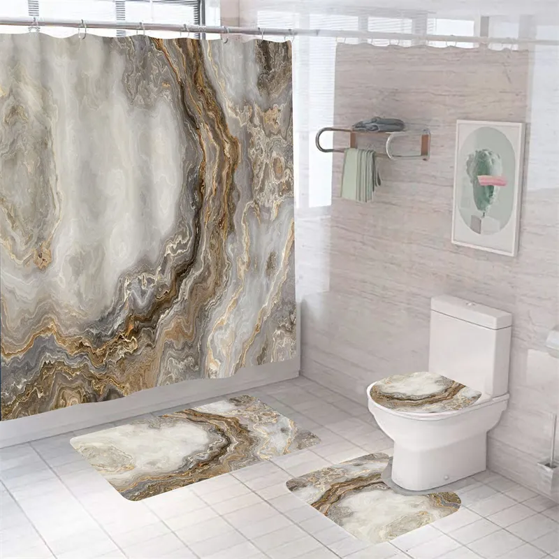 Shower Curtains Marble Shower Curtain Sets 3D Luxury Modern Polyester Fabric Washable Bath Curtains Toilet Cover Bathroom Accessories Sets 230323