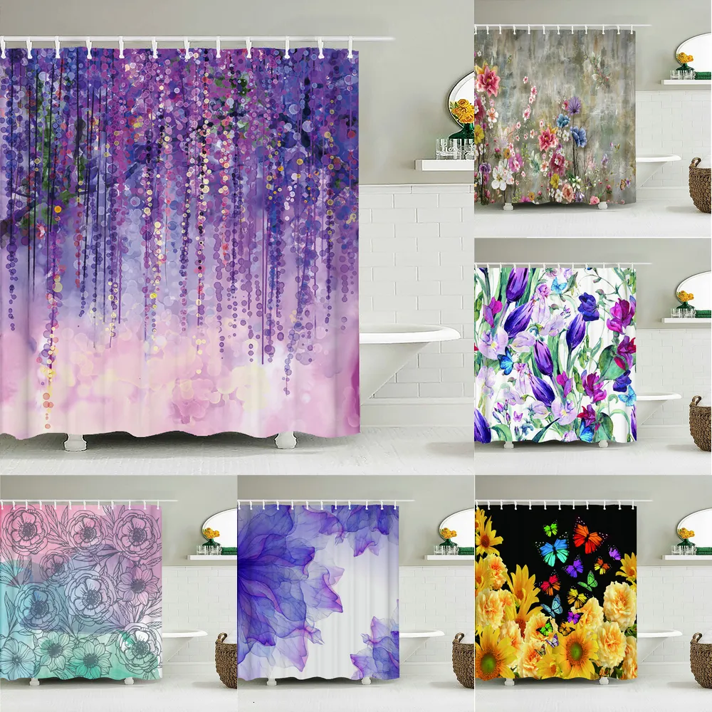 Shower Curtains Colorful Beautiful Flowers Shower Curtains With 12 Hooks Floral Printed Fabric Shower Curtain Waterproof Polyester Bath Screen 230323