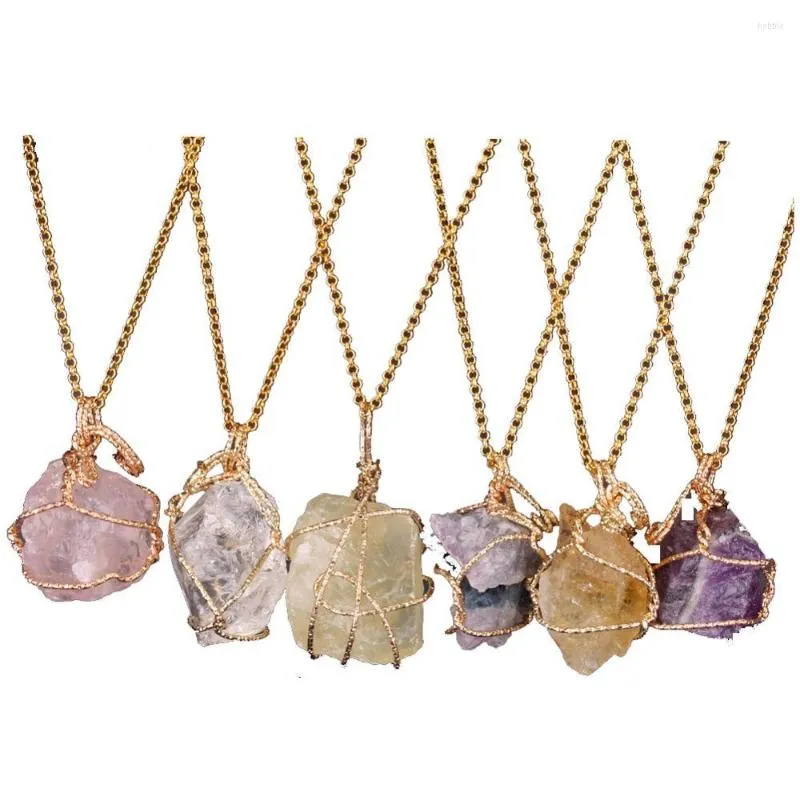 Модные ожерелья с подвесками, золотое покрытие, необработанный камень, камень неправильной формы, натуральный кварц, подвесное ожерелье, обернутая стальной проволокой